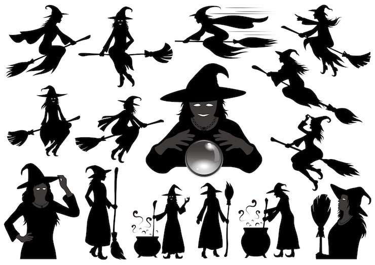 Gratis Vector happy halloween heks vector silhouet illustratie set geïsoleerd op een witte achtergrond.