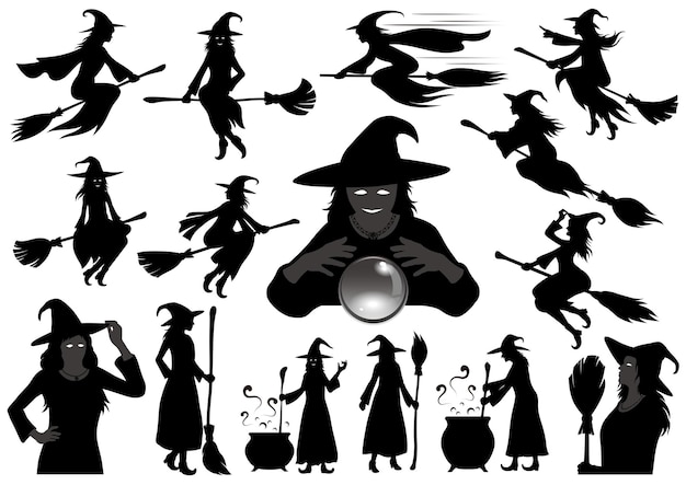 Happy Halloween heks vector silhouet illustratie set geïsoleerd op een witte achtergrond.