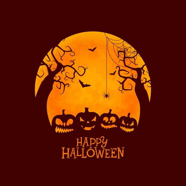 Happy Halloween-illustratie met schattige enge pompoen en vliegende vleermuizen op oranje maanachtergrond