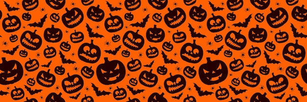 Happy Halloween naadloze patroon illustratie met schattige pompoen en vliegende vleermuizen op oranje achtergrond