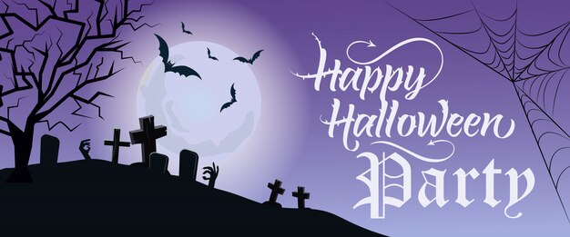 Happy Halloween Party belettering met maan en begraafplaats