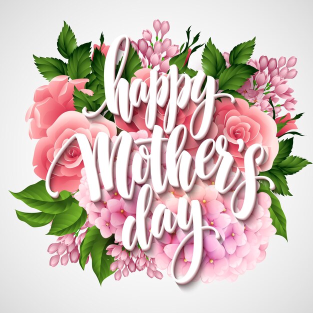 Happy Mothers Day belettering kaart. Greetimng kaart met bloem.