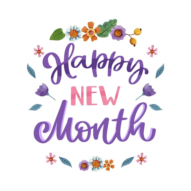 Gratis vector 'happy new month' belettering met aquarelelementen