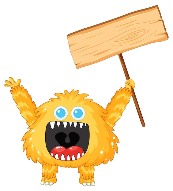 Gratis vector happy orange alien monster houdt een lege bordenbanner vast.