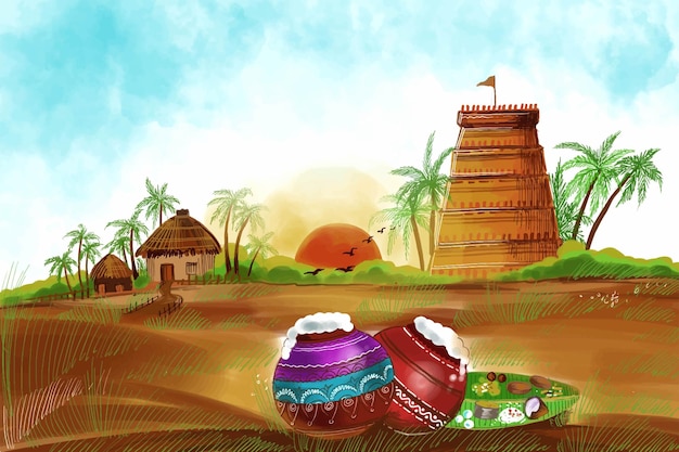 Happy pongal vakantie oogstfeest viering kaart achtergrond