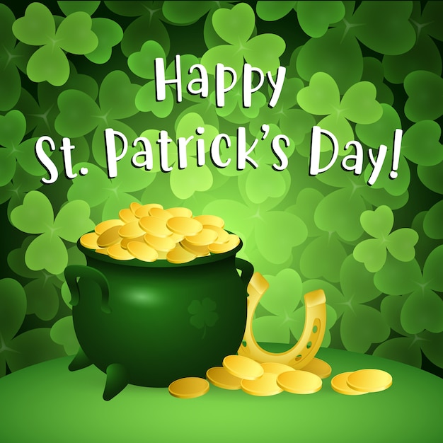 Happy st patricks day belettering met pot met goud en hoefijzer