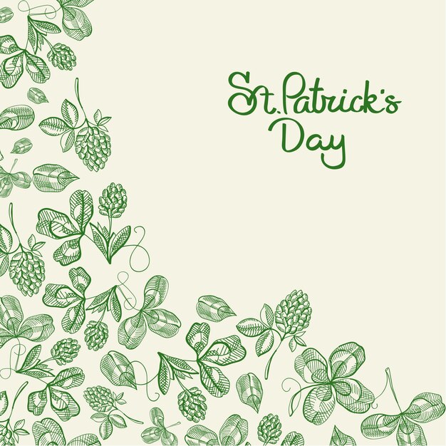 Happy St Patricks Day natuurlijke poster met inscriptie en hand getrokken groene Ierse klaver vectorillustratie