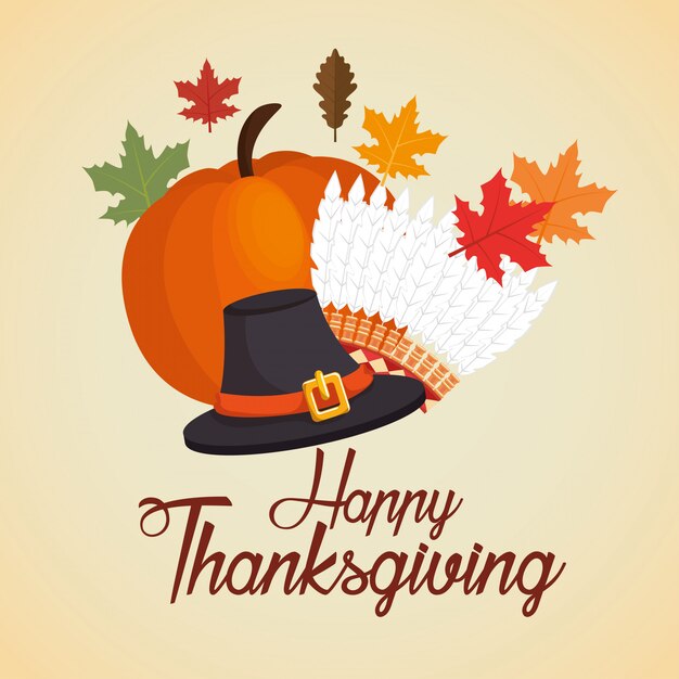 Happy thanksgiving day kaart hoed pompoen herfstbladeren