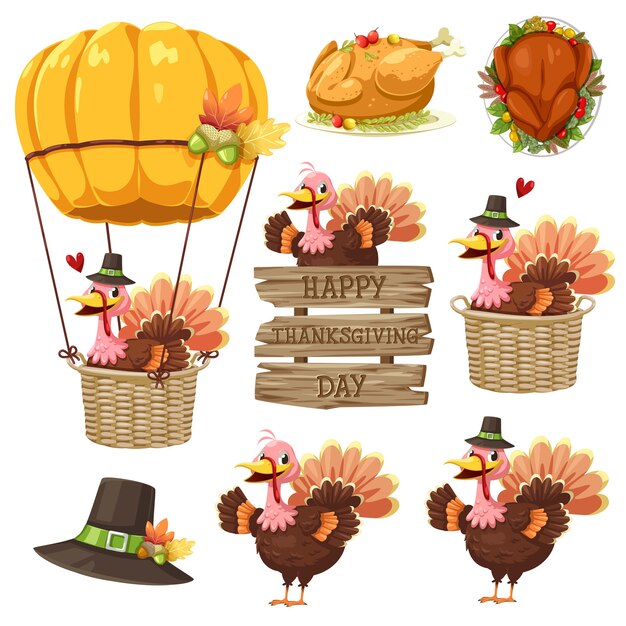 Happy Thanksgiving Day-pictogram met Turkije, label, mand, pompoen en hoed.