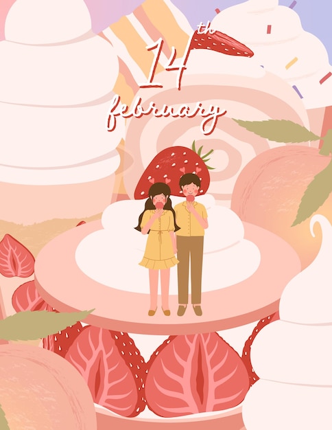 Happy Valentijnsdag kaart met schattige paar en dessert illustratie