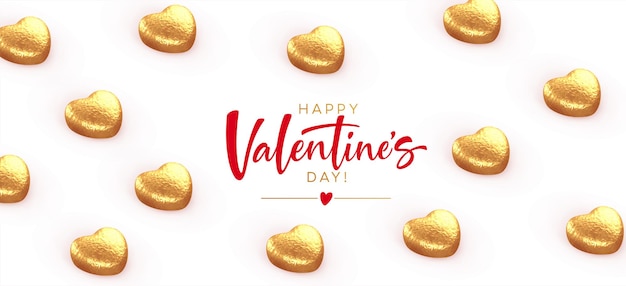 Happy Valentine's Day banner, met hartvormige gouden chocolaatjes