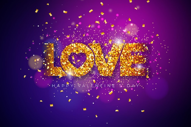 Happy Valentines Day Design met gouden glitter liefdesbrief en vallende confetti