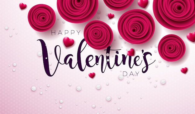 Gratis vector happy valentines day design met rose flower en handgeschreven typografie brief op lichte achtergrond