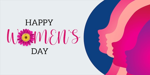 Gratis vector happy womens day groeten paarse bloem wit roze blauw kleurrijke achtergrond social media design banner