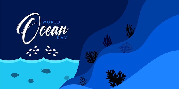 Gratis vector happy world ocean day blauw wit zwart achtergrond social media design banner gratis vector