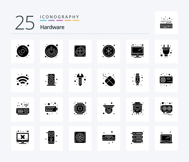 Hardware 25 solid glyph-pictogrampakket inclusief tv-hardwareventilator die bluetooth zoekt