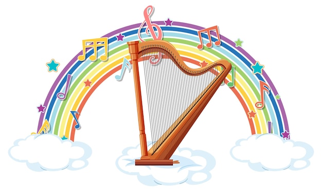 Gratis vector harp met melodiesymbolen op regenboog