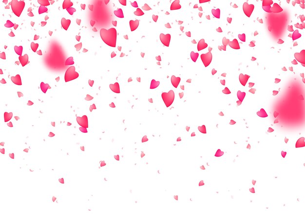 Hart confetti achtergrond. Vallen van bovenaf roze liefdesdeeltjes. Wazig bloemblad.