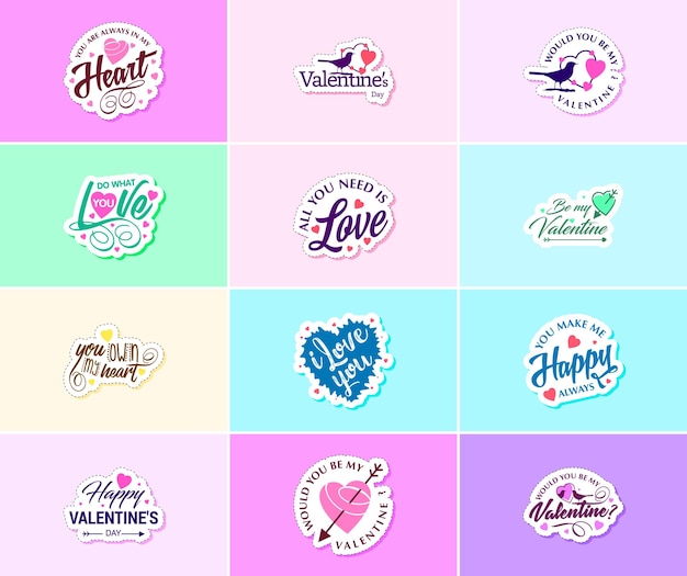 Hartverwarmende Valentijnsdag typografie en grafische ontwerpstickers