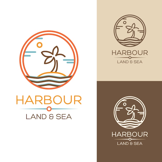 Haven. Land en zee. illustraties met palm op het eiland