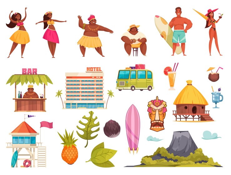 Gratis Vector hawaii pictogrammenset met hawaiiaanse mensen hotels hutten bussen surfen attributen vulkaan vectorillustratie