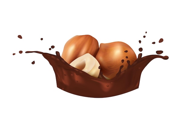 Gratis vector hazelnootnoten chocoladepasta splash druppels vloeibare chocolade geïsoleerd op wit