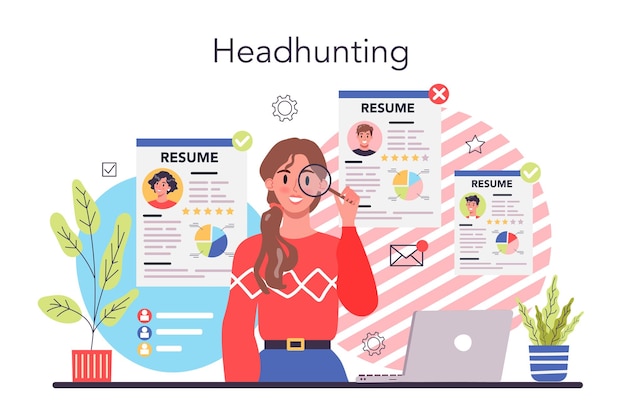 Gratis vector headhunting concept idee van zakelijke werving en human resources management hr manager bezetting platte vectorillustratie