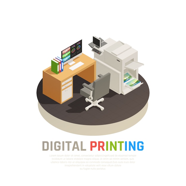 Gratis vector hedendaagse digitale drukkerij kantoorsoftware inkjet laser scherm apparatuur ontwerper bureau rond isometrische samenstelling