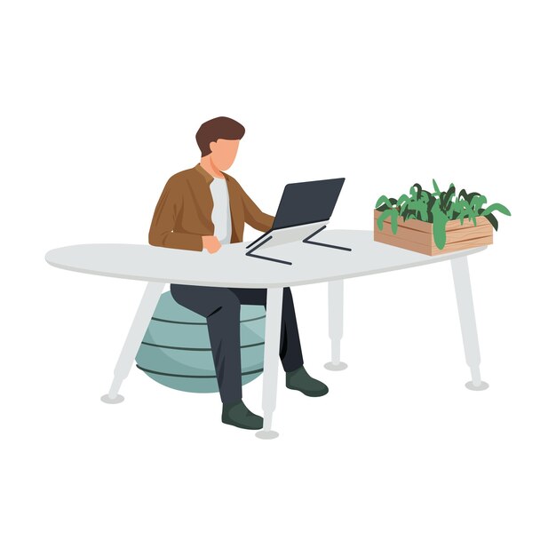 Hedendaagse werkruimte platte compositie met man zit aan futuristische tafel met designer stoel en home plant illustratie