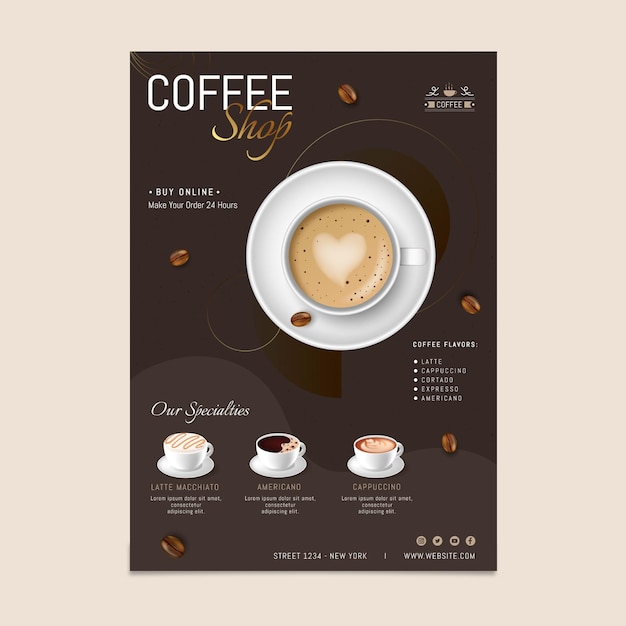 Gratis vector heerlijke coffeeshop poster sjabloon