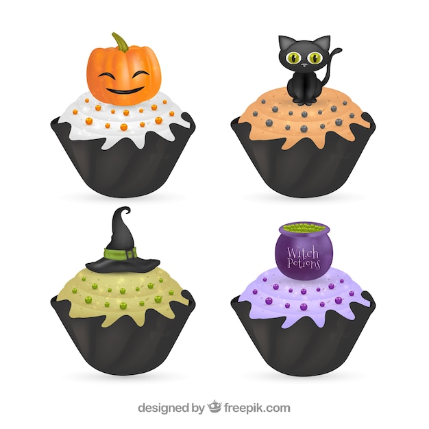 Gratis vector heerlijke cupcakes set van halloween