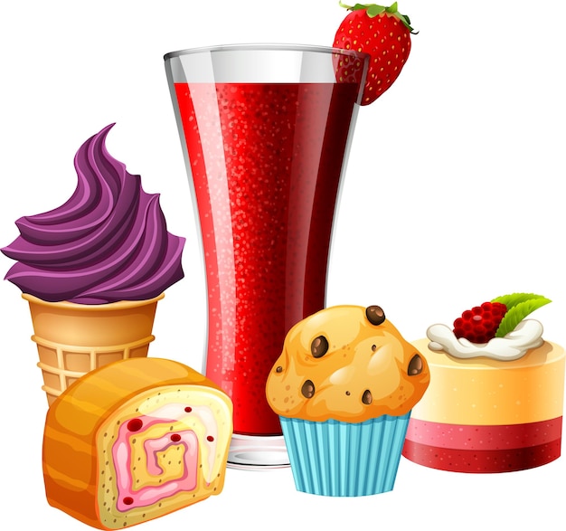 Gratis vector heerlijke desserts en drank tekenfilmset