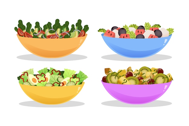 Gratis vector heerlijke fruit- en saladekommen collectie