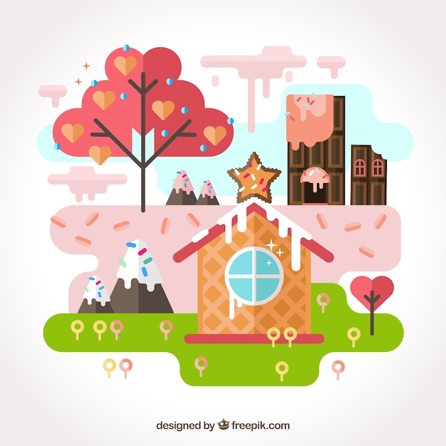 Gratis vector heerlijke snoep land achtergrond in vlakke stijl