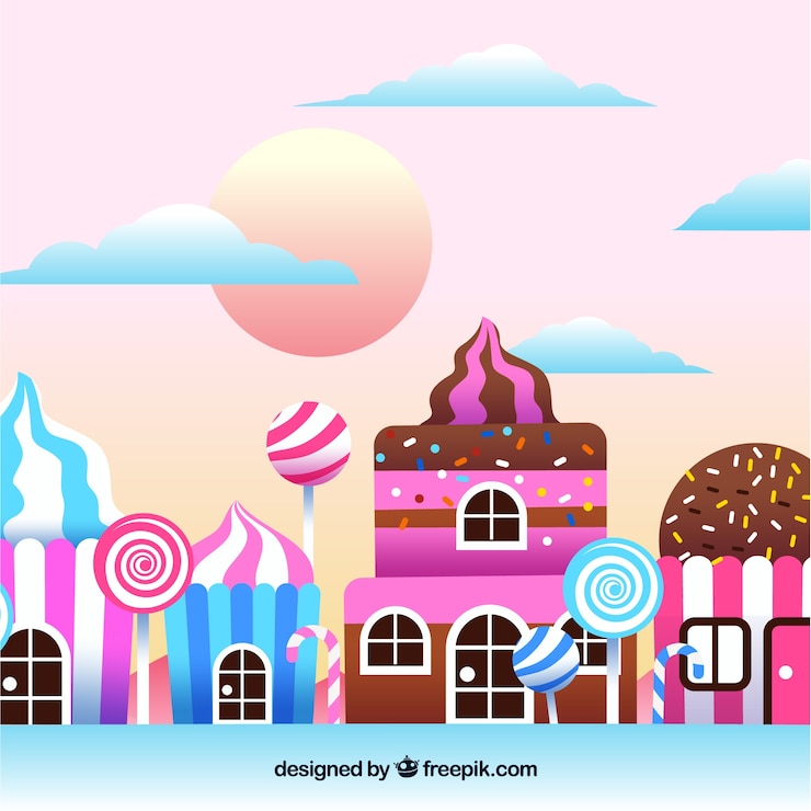 Gratis Vector heerlijke snoep land achtergrond in vlakke stijl