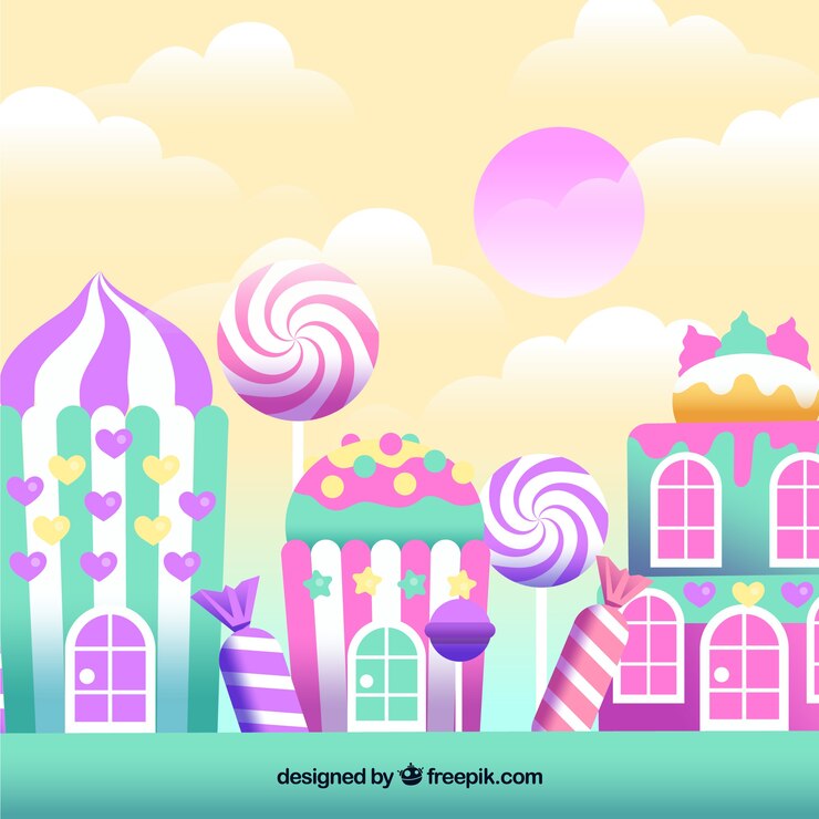 Gratis Vector heerlijke snoep land achtergrond in vlakke stijl