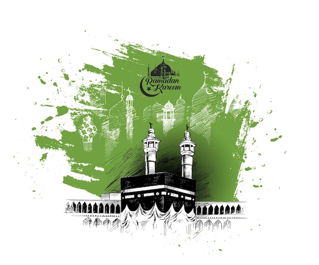 Gratis vector heilige kaaba in mekka saoedi-arabië hand getrokken schets vectorillustratie