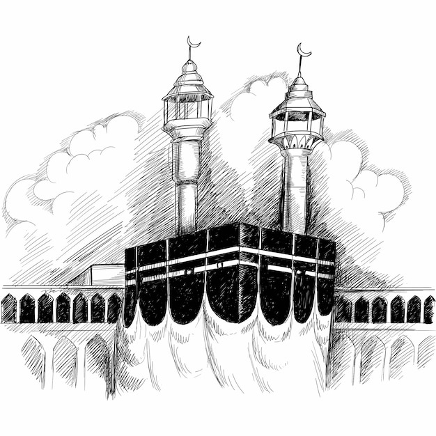 Gratis vector heilige kaaba in mekka saoedi-arabië hand getrokken schets