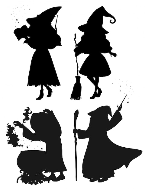 Gratis vector heksen in het karakter van het silhouetbeeldverhaal op witte achtergrond