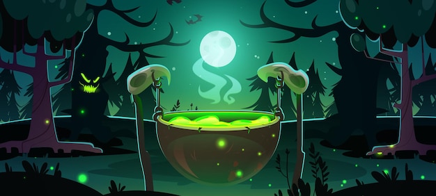 Heksenketel in de scène van nachtbos Halloween