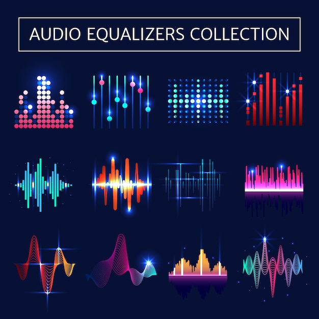 Helder audiosequaliserneon dat met correcte golvensymbolen wordt geplaatst op blauwe achtergrond