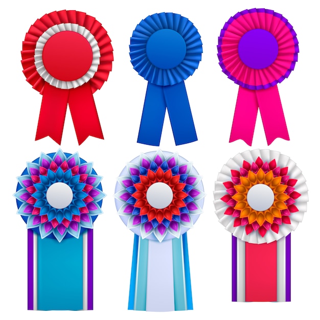 Gratis vector helder blauw rood roze paars awards circulaire rozetten badges reversspelden met linten realistische set