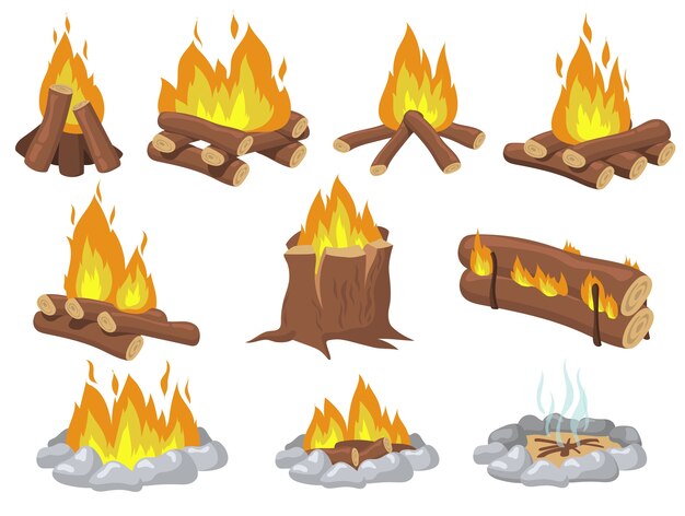 Heldere houten kampvuur en vreugdevuur platte item set. Cartoon vuur voor camping geïsoleerde vector illustratie collectie. reis- en avontuurconcept