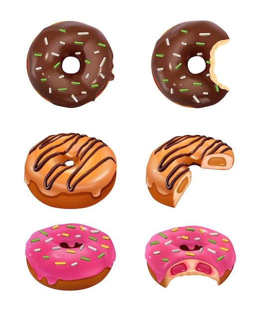 Gratis vector hele en afgebeten donuts realistische set met chocolade en roze glazuur en gekleurde hagelslag geïsoleerde vectorillustratie