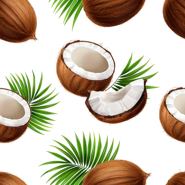 Hele en snijd kokosnoten met bladeren van het palmvarenblad dat op wit realistisch naadloos patroon wordt uitgestrooid als achtergrond