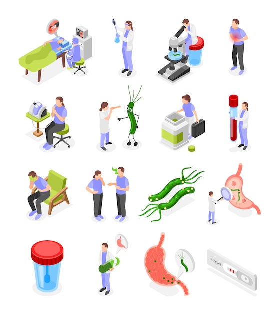 Gratis vector helicobacter pylori isometrische set van mensen besmet met pathogene bacterie die wordt getest en gastroscopieprocedure geïsoleerde vectorillustratie doet