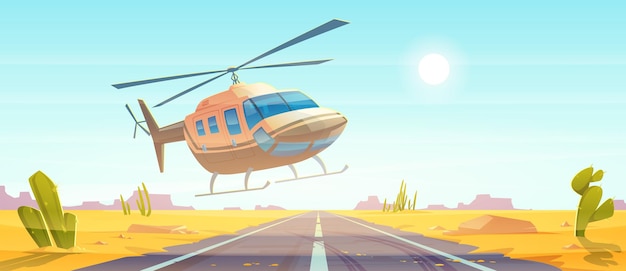 Gratis vector helikopter die op lege weg landt in woestijnnatuur