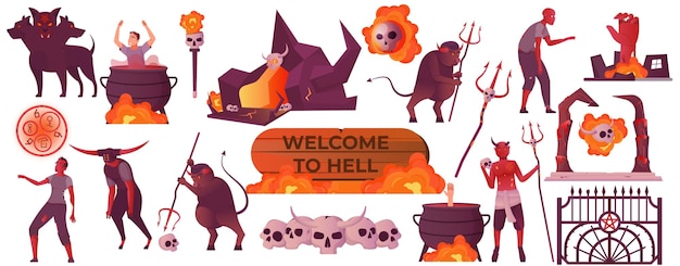 Hell flat set met onderwereld landschapselementen kwaadaardige karakters duivels zondaars geïsoleerd tegen een witte achtergrond vectorillustratie