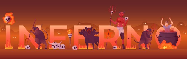 Hell inferno flat banner met brandende tekst duivels schedels zondaar in ketel op kleur achtergrond vectorillustratie