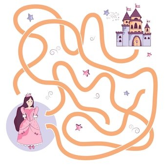 Help de mooie prinses het juiste pad naar het kasteel te vinden. doolhof, logisch spel voor kleine meisjes, vectorillustratie in vlakke stijl